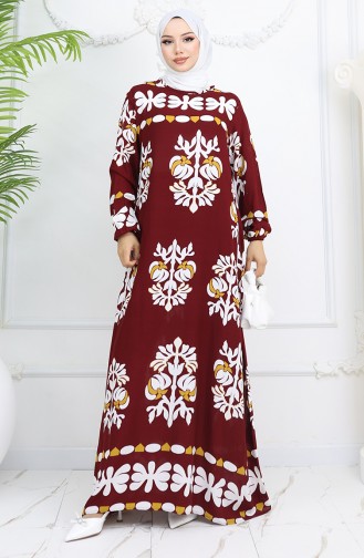 Viskon Kumaş Kolu Lastikli Desenli Elbise 0046-02 Bordo