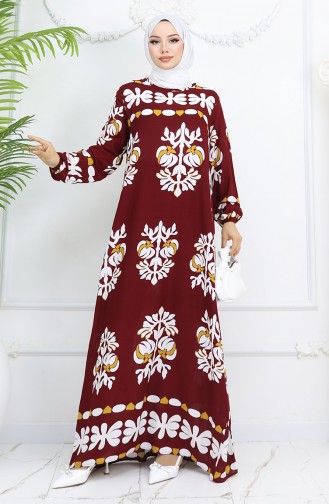 Viskon Kumaş Kolu Lastikli Desenli Elbise 0046-02 Bordo