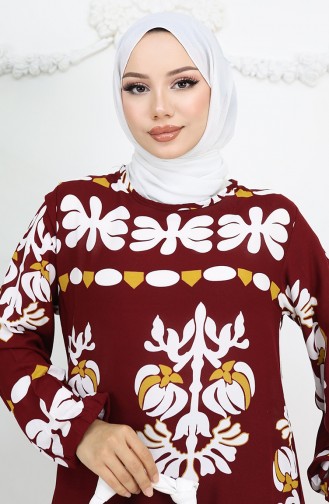 Viskon Kumaş Kolu Lastikli Desenli Elbise 0046-02 Bordo