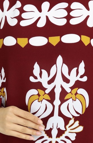 Viskon Kumaş Kolu Lastikli Desenli Elbise 0046-02 Bordo
