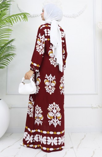 Viskon Kumaş Kolu Lastikli Desenli Elbise 0046-02 Bordo