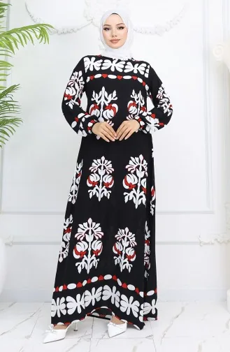 Viskon Kumaş Kolu Lastikli Desenli Elbise 0046-03 Siyah