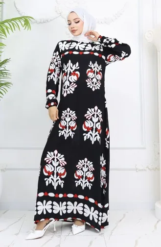 Viskon Kumaş Kolu Lastikli Desenli Elbise 0046-03 Siyah