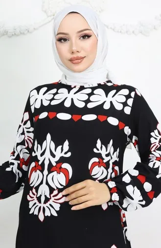 Viskon Kumaş Kolu Lastikli Desenli Elbise 0046-03 Siyah
