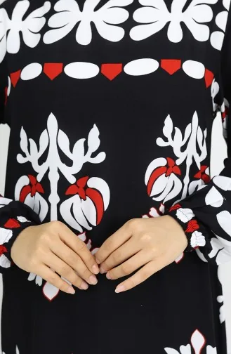 Viskon Kumaş Kolu Lastikli Desenli Elbise 0046-03 Siyah