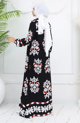 Viskon Kumaş Kolu Lastikli Desenli Elbise 0046-03 Siyah