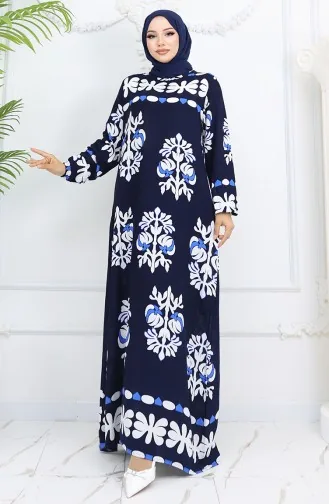 Viskon Kumaş Kolu Lastikli Desenli Elbise 0046-04 Lacivert