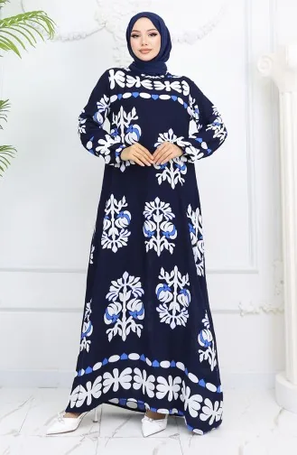 Viskon Kumaş Kolu Lastikli Desenli Elbise 0046-04 Lacivert