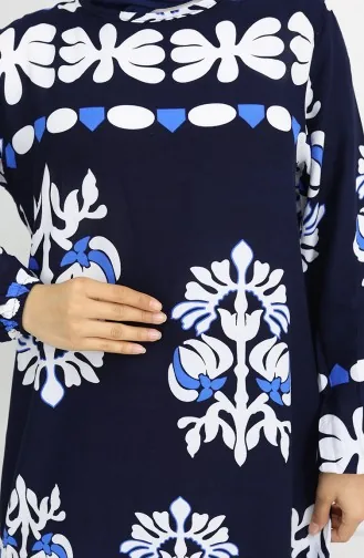Viskon Kumaş Kolu Lastikli Desenli Elbise 0046-04 Lacivert