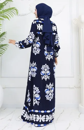 Viskon Kumaş Kolu Lastikli Desenli Elbise 0046-04 Lacivert