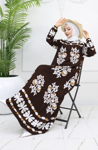 Viskon Kumaş Kolu Lastikli Desenli Elbise 0046-05 Kahverengi