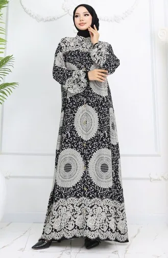 Viscose Stof Geknoopte Jurk Met Patroon 0047-01 Zwart 0047-01