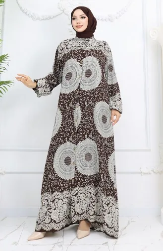 Viskon Kumaş Boydan Düğmeli Desenli Elbise 0047-02 Kahverengi