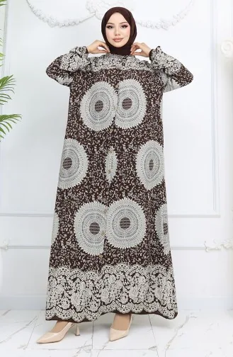 Viskon Kumaş Boydan Düğmeli Desenli Elbise 0047-02 Kahverengi