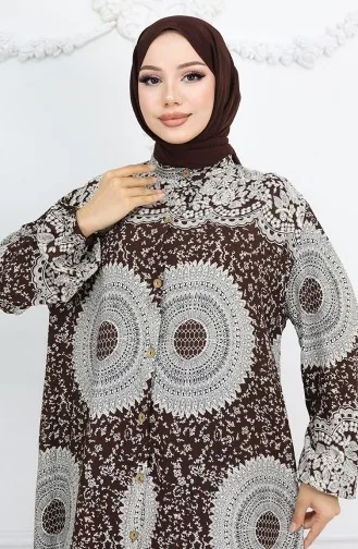 Viskon Kumaş Boydan Düğmeli Desenli Elbise 0047-02 Kahverengi