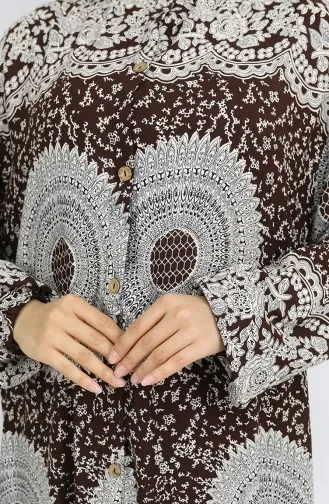 Viskon Kumaş Boydan Düğmeli Desenli Elbise 0047-02 Kahverengi