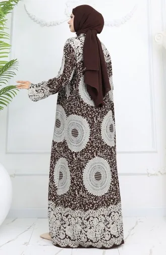 Viskon Kumaş Boydan Düğmeli Desenli Elbise 0047-02 Kahverengi