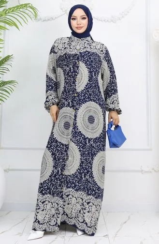 Viskon Kumaş Boydan Düğmeli Desenli Elbise 0047-03 Lacivert