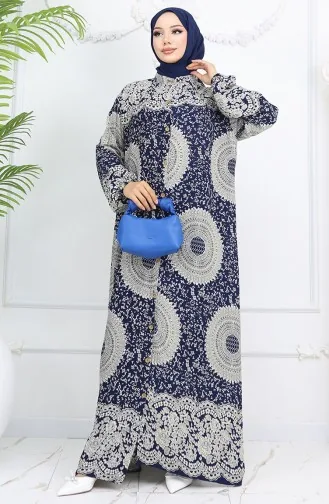 Viskon Kumaş Boydan Düğmeli Desenli Elbise 0047-03 Lacivert