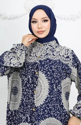 Viskon Kumaş Boydan Düğmeli Desenli Elbise 0047-03 Lacivert