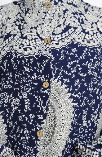 Viskon Kumaş Boydan Düğmeli Desenli Elbise 0047-03 Lacivert