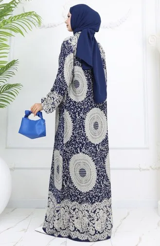 Viskon Kumaş Boydan Düğmeli Desenli Elbise 0047-03 Lacivert