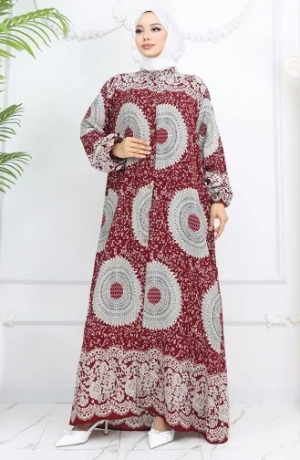 Viscose Fabric Buttoned Patterned Dress 0047-04 Claret Red 0047-04