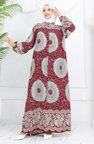 Viscose Fabric Buttoned Patterned Dress 0047-04 Claret Red 0047-04