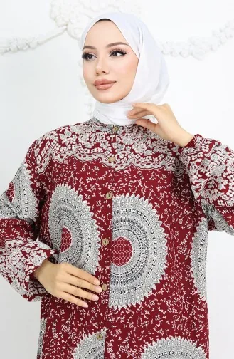 Viscose Fabric Buttoned Patterned Dress 0047-04 Claret Red 0047-04