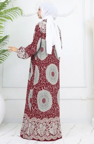 Viscose Fabric Buttoned Patterned Dress 0047-04 Claret Red 0047-04