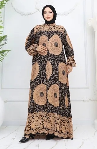 Viskon Kumaş Boydan Düğmeli Desenli Elbise 0047-05 Sütlü kahve Siyah