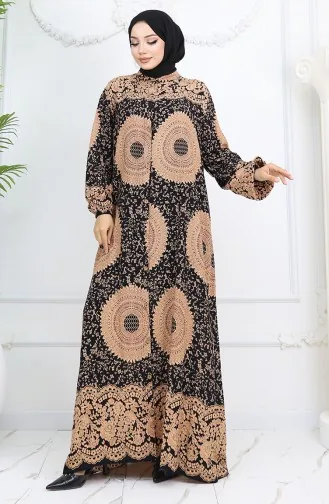 Viskon Kumaş Boydan Düğmeli Desenli Elbise 0047-05 Sütlü kahve Siyah