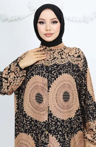 Viskon Kumaş Boydan Düğmeli Desenli Elbise 0047-05 Sütlü kahve Siyah