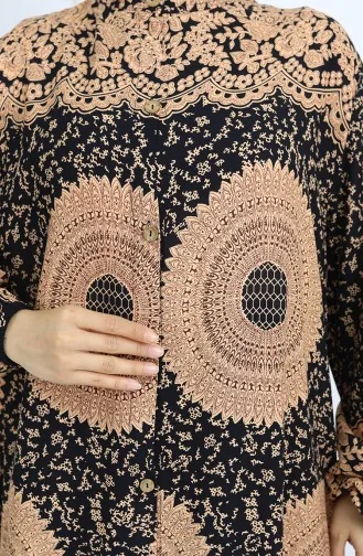 Viskon Kumaş Boydan Düğmeli Desenli Elbise 0047-05 Sütlü kahve Siyah