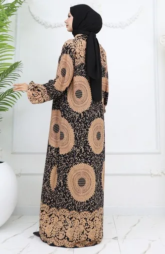 Viskon Kumaş Boydan Düğmeli Desenli Elbise 0047-05 Sütlü kahve Siyah