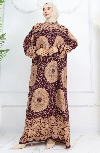 Viskon Kumaş Boydan Düğmeli Desenli Elbise 0047-06 Mürdüm