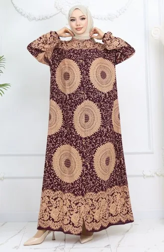 Viskon Kumaş Boydan Düğmeli Desenli Elbise 0047-06 Mürdüm