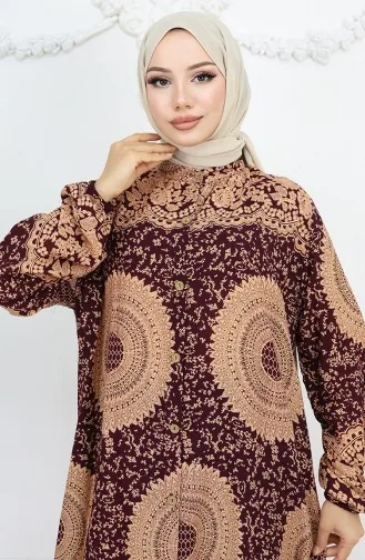 Viskon Kumaş Boydan Düğmeli Desenli Elbise 0047-06 Mürdüm