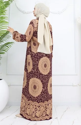 Viskon Kumaş Boydan Düğmeli Desenli Elbise 0047-06 Mürdüm