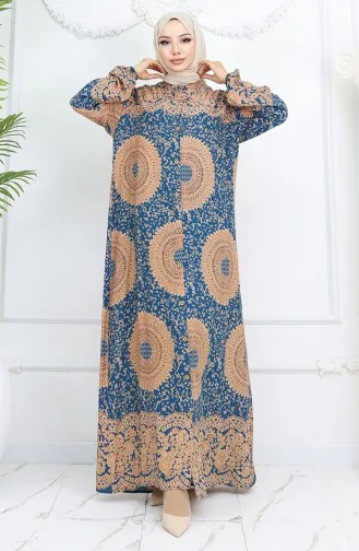 Viskon Kumaş Boydan Düğmeli Desenli Elbise 0047-07 Petrol