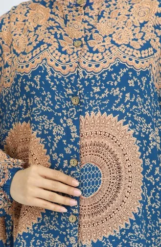 Viskon Kumaş Boydan Düğmeli Desenli Elbise 0047-07 Petrol