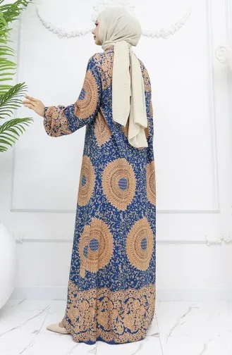 Viskon Kumaş Boydan Düğmeli Desenli Elbise 0047-07 Petrol