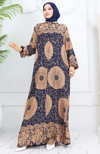 Viskon Kumaş Boydan Düğmeli Desenli Elbise 0047-08 Lacivert Sütlü kahve