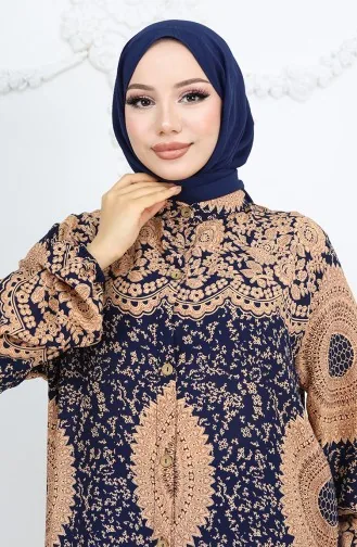 Viskon Kumaş Boydan Düğmeli Desenli Elbise 0047-08 Lacivert Sütlü kahve