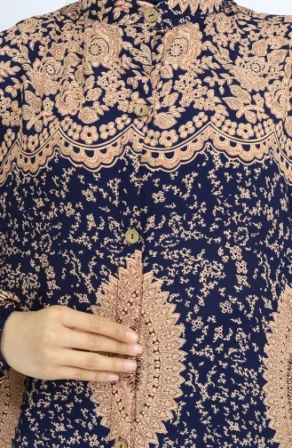 Viskon Kumaş Boydan Düğmeli Desenli Elbise 0047-08 Lacivert Sütlü kahve