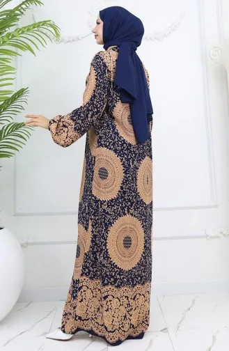 Viskon Kumaş Boydan Düğmeli Desenli Elbise 0047-08 Lacivert Sütlü kahve
