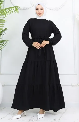 Sofia Leinenkleid Mit Elastischen Ärmeln Und Gürtel 2023-01 Schwarz 2023-01