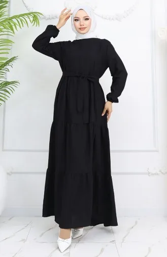 Sofia Leinenkleid Mit Elastischen Ärmeln Und Gürtel 2023-01 Schwarz 2023-01
