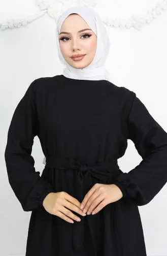 Sofia Leinenkleid Mit Elastischen Ärmeln Und Gürtel 2023-01 Schwarz 2023-01