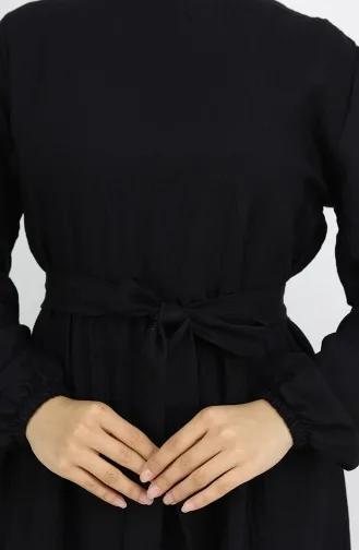 Sofia Leinenkleid Mit Elastischen Ärmeln Und Gürtel 2023-01 Schwarz 2023-01